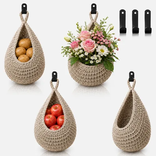 Cestas de frutas colgantes de decoración bohemia para cocina, paquete de 3 cestas colgantes de pared tejidas a mano con ganchos, almacenamiento para