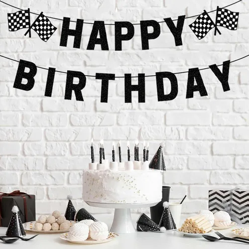 Miniatura 5 de Cartel de cumpleaños de coche de carreras, pancarta negra de feliz cumpleaños, decoraciones de fiesta de coche de carreras, suministros de fiesta