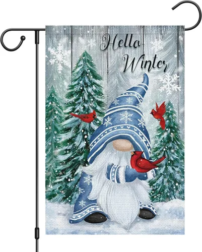 Bandera de jardín de gnomo de invierno de 12 x 18 pulgadas, arpillera de doble cara, cardenales, copos de nieve, banderas de patio para Navidad,