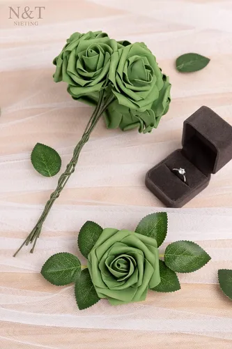 Miniatura 9 de N&T NIETING 25 unidades de flores artificiales, Rosas de espuma artificial de sensación real al tacto, decoración para boda, dama de honor, ramo