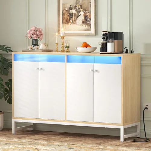 Miniatura 9 de Aheaplus Aparador de buffet con toma de corriente, armario de almacenamiento de cocina con luz LED y puertas, armarios de acento con almacenamiento
