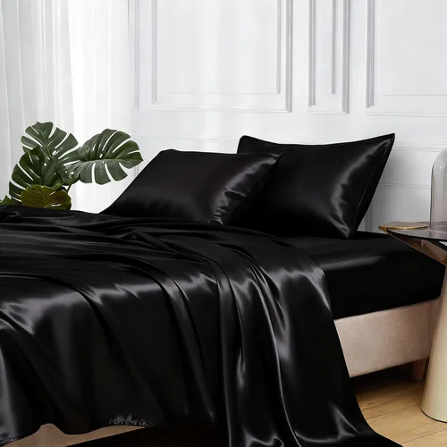 Miniatura 47 de MR&HM Sábanas de satén para cama de tamaño King, juego de 4 piezas de ropa de cama sedosa con bolsillo profundo de 15 pulgadas para colchón