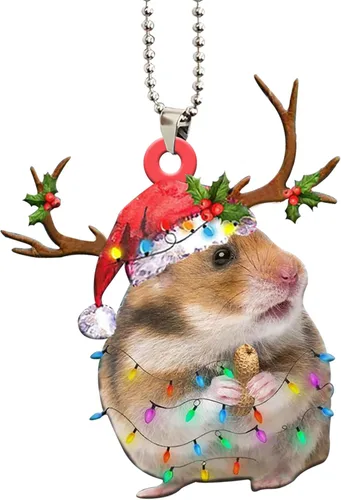 Miniatura 7 de Talataca Hámster con sombrero de Navidad, reno con cadena de luces 2D plano para espejo retrovisor para automóvil, accesorios para el árbol