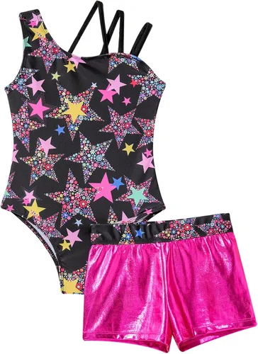 Miniatura 5 de Gymnastics Leotards for Girls Shiny Dancewear with Matching Shorts Two-Piece Set Activewear
