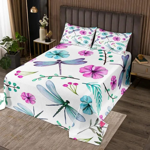 Miniatura 2 de Erosebridal Juego de edredón de libélula para damas, niñas y mujeres, juego de colcha floral de libélula colorido, juego de colcha floral de flores
