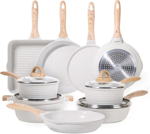 JEETEE - Juego de 23 piezas de ollas y sartenes antiadherentes, juego de utensilios de cocina blancos para la cocina, con sartenes, cacerolas,
