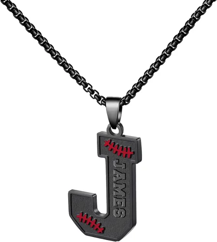 Miniatura 74 de Ldurian Collar personalizado con nombre de béisbol, cadena negra de acero inoxidable, collar con nombre deportivo, letra A-Z de 24 pulgadas, regalos