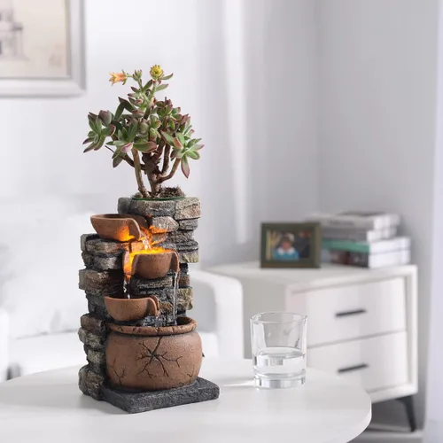 Miniatura 5 de Fuente interior de 4 tazones Rockery con sonido calmante para decoración del hogar y la oficina con una pequeña maceta de plástico para cultivar