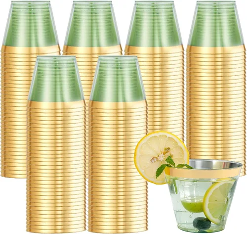 Miniatura 13 de Superrnal 100 piezas Vasos de Plástico Dorados y Negros 9OZ Elegantes Vasos Transparentes con Borde Dorado para Fiestas Vasos Desechables Elegantes