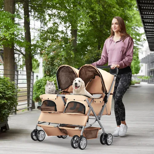Miniatura 6 de Cochecito doble para mascotas, cochecito plegable para 2 perros y gatos, porta mascotas de dos plazas, para paseos y viajes, con almacenamiento