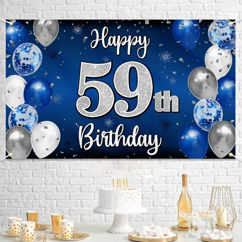 Miniatura 8 de Decoración de feliz cumpleaños 35, globo azul y plateado de 35 años, cartel grande de telón de fondo de cumpleaños, suministros para fiesta de 35th
