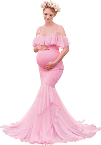Miniatura 2 de Vestido de maternidad de encaje floral con volantes y tirantes delgados para mujer, para fotografía, vestido de maternidad de sirena con hombros