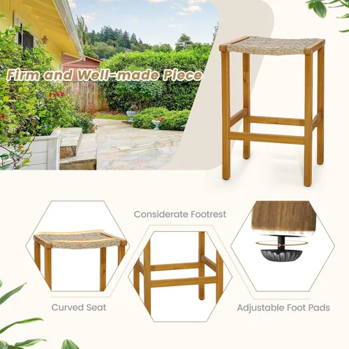 Miniatura 5 de Tangkula Juego de 2 taburetes de bar al aire libre, 30 pulgadas de alto de madera de acacia, taburetes de altura de barra resistentes con asiento
