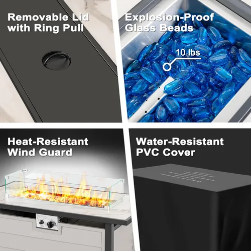 Miniatura 9 de Nuu Garden Mesa para fogata de propano para patio de 43 pulgadas, fogata de gas de 50,000 BTU con parte superior de vidrio texturizado de mármol