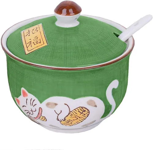 Miniatura 10 de Cerámica japonesa Maneki Neko Lucky Cat Azúcar Sal Pimienta Tarro de almacenamiento con tapa y cuchara Púrpura