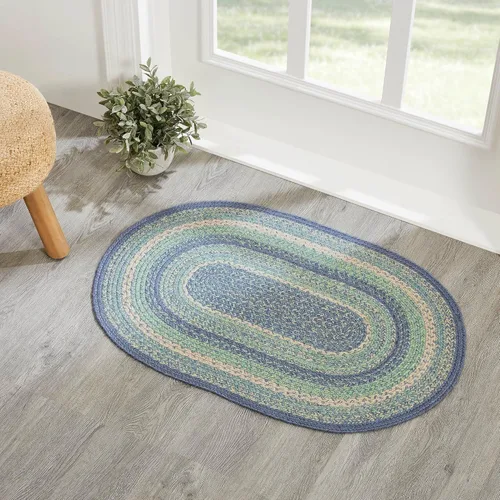 Miniatura 7 de VHC Brands Jolie Farmhouse - Alfombra decorativa de 19.5 x 36 pulgadas, textura azul de yute a rayas, medio círculo, decoración para el suelo