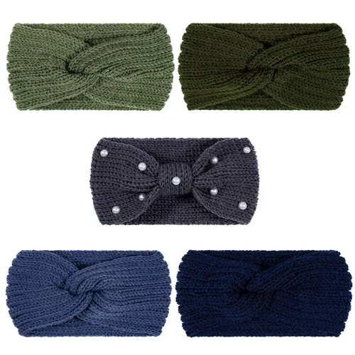 Miniatura 10 de Whaline - 5 diademas tejidas de invierno, diademas mullidas tejidas, 4 envolturas de turbante elásticas y 1 banda de pelo de ganchillo de perla