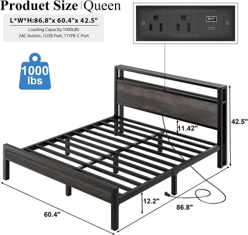 Miniatura 2 de LOEWAY Base de cama tamaño Queen con cabecera de almacenamiento y luces LED, cama plataforma industrial con estación de carga, listones de metal Gris
