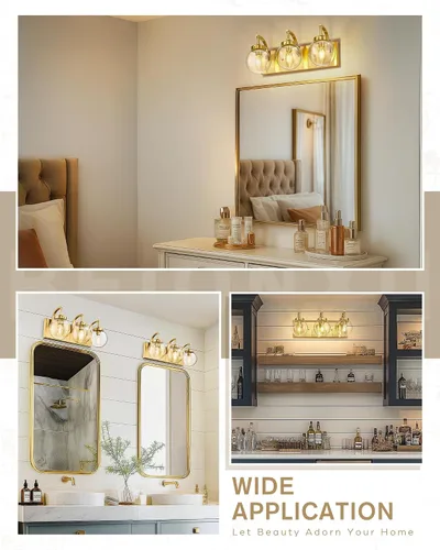 Miniatura 7 de Beionxii BX-VL03BG-3CG - Lámpara de tocador de baño de 3 luces de oro cepillado, modernas luces de tocador con pantalla de vidrio transparente