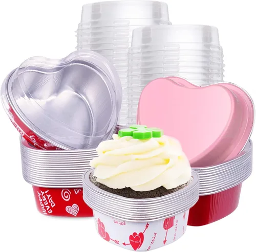 Miniatura 7 de yeload 60 moldes para pasteles en forma de corazón con tapas, mini moldes de aluminio, 3.4 onzas/3.4 fl oz de papel de aluminio desechable, molde