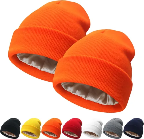 Miniatura 11 de NPQQUAN 2 PCS Satin Lined Beanie for Women Silk Lined Beanies Winter Warm Soft Lining Cuffed Knit Beanie Hats for Women
