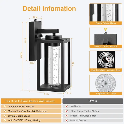 Miniatura 6 de VIANIS Aplique de Pared Exterior Negro, Iluminación Exterior del Atardecer al Amanecer Montaje en Pared para Casa con Cristal de Burbuja, Lámpara