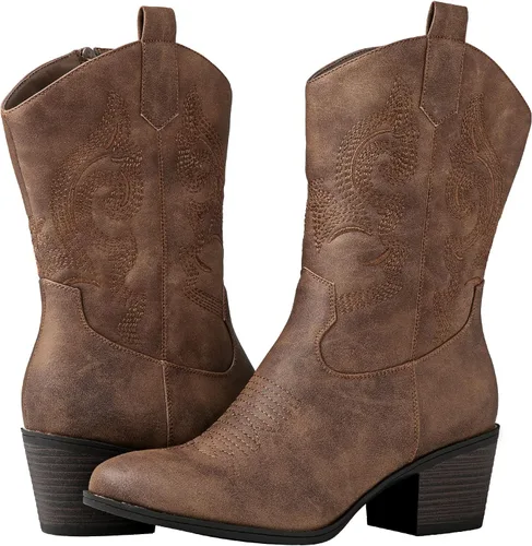 Miniatura 2 de GLOBALWIN Women's Mid Calf The Western Cowgirl Boots Fashion Cowboy Boots For Women Chunky Low Heel