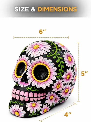 Miniatura 7 de Banco de monedas con diseño floral de calavera de azúcar negra y rosa de 5 pulgadas