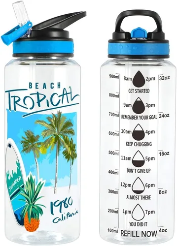 Miniatura 2 de Botella de agua de 32 onzas – Tritan libre de BPA, boca ancha, tapa abatible con pajilla, fácil de abrir, ligera, a prueba de fugas, con diseño