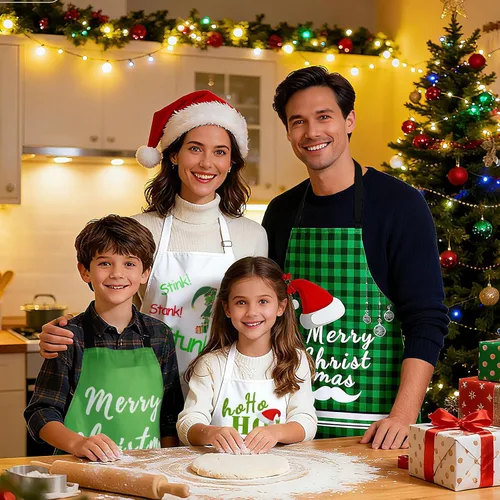 Miniatura 5 de Juego de 4 delantales de Navidad – Delantales ajustables con árbol de Navidad, medias, muñeco de nieve para la familia, decoración festiva de cocina
