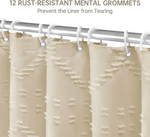 Miniatura 7 de Siiluminisoy Cortina de ducha extra larga de estilo bohemio, tela tejida, color crema/beige, 84 pulgadas, 72 x 84 pulgadas, diseño de cheurón