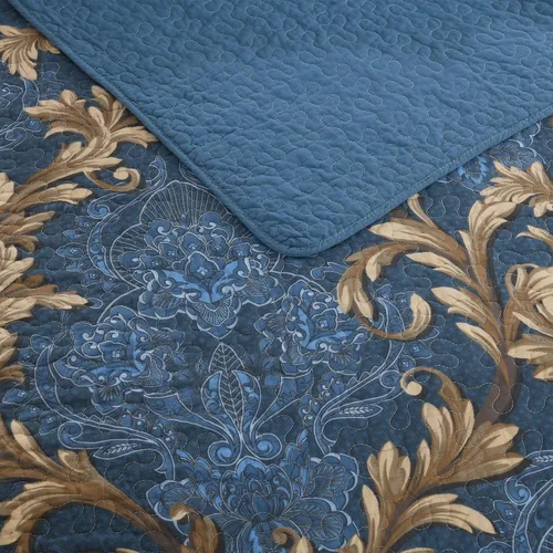 Miniatura 3 de Juego de edredón Queen 100% algodón – Colcha floral de damasco azul, juego de ropa de cama reversible de estilo europeo clásico de 3 piezas, ligero