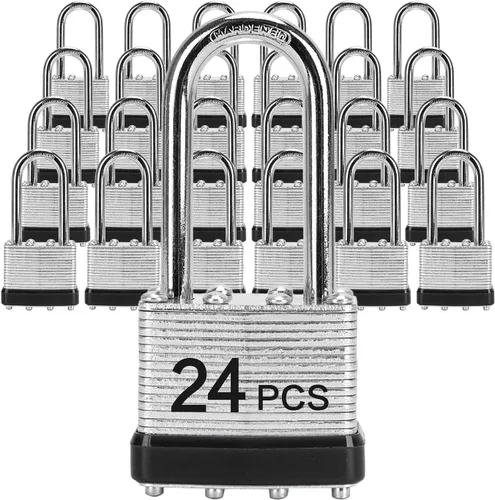 Miniatura 11 de Candados con la misma llave, LQYN 24 candados laminados con llave (1-9/16 pulgadas, 1.575 in), cerraduras con llave igual, grillete largo