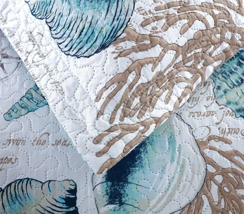 Miniatura 5 de Juego de cama reversible de 3 piezas con diseño náutico, tamaño Queen (90x90 Pulgadas), con conchas de mar azul-verde y coral, juego de colcha