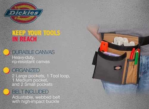 Miniatura 5 de Dickies Bolsa de cinturón de herramientas de 5 bolsillos de un solo lado/Delantal de trabajo, construcción de lona duradera, cinturón ajustable