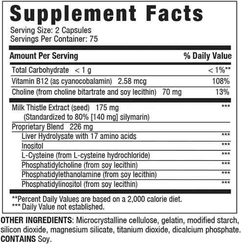 Miniatura 8 de LIVERITE Ayuda hepática con cardo mariano 150 cápsulas, suplemento de apoyo hepático con aminoácidos, colina, cardo mariano y vitamina B12 - Apoya