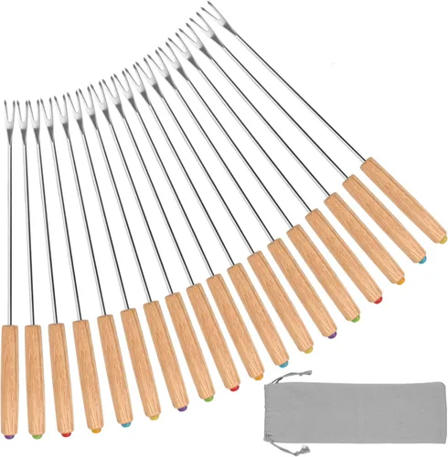 STYDDI Tenedor para fondue, 18 tenedores de acero inoxidable para fondue de codificación de color con mango de madera para fuente de chocolate,
