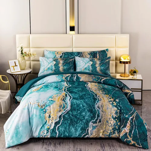 Miniatura 2 de PERFEMET Juego de edredón de 6 piezas tamaño Full, color oro aguamarina, ropa de cama en una bolsa, edredón de mármol acuarela con sábanas, suave