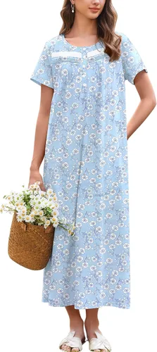 Miniatura 16 de Ekouaer Camisón para Mujeres de Algodón Camisón Largo de Noche Camisón de Manga Corta con Bolsillos Camisón con Botones Ropa de Dormir Suave