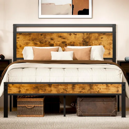 Miniatura 15 de Z-hom Cama de plataforma de metal resistente de fácil montaje, marco de cama tamaño Queen con cabecero y estribo, soporte antideslizante y Marrón