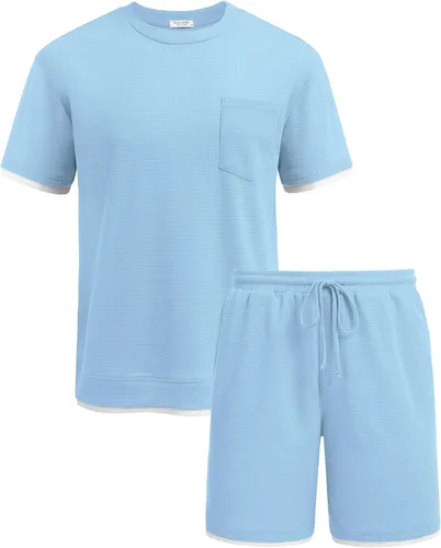 Miniatura 82 de COOFANDY Conjunto de camisa y pantalones cortos de gofre para hombre, conjunto de 2 piezas, conjunto casual de verano con bolsillos