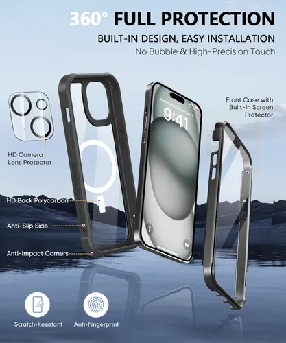 Miniatura 6 de Funda para iPhone 15 de cuerpo completo, protector de pantalla integrado, con protector de lente de cámara, [antiamarilleamiento], funda protectora