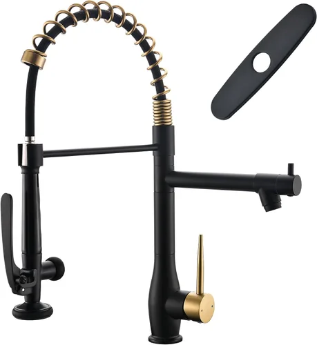 GIMILI Grifo de cocina negro y dorado con rociador desplegable Grifo de fregadero de cocina de alta presión de una sola manija Grifos de cocina de