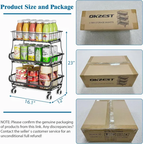 Miniatura 6 de OKZEST Organizador de piso de despensa rodante de 3 niveles y carrito de almacenamiento con ruedas, cestas apilables de despensa de alambre