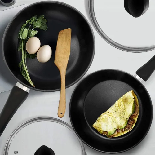 HOMICHEF Juego de 2 sartenes antiadherentes (9.5 y 11 pulgadas) con tapas de vidrio, juego de utensilios de cocina para sartén y tortilla, acero