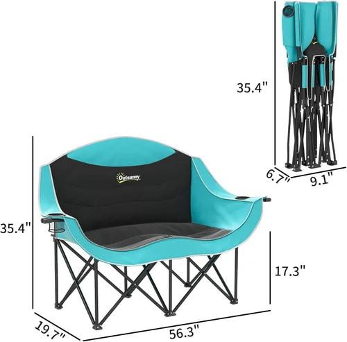 Miniatura 3 de Outsunny Double Camping Chair for Adults, Padded Folding Camp Chair for 2 Person with Armrest, Wine Glass Holder, Cup Holder, Carry Bag for Outdoor