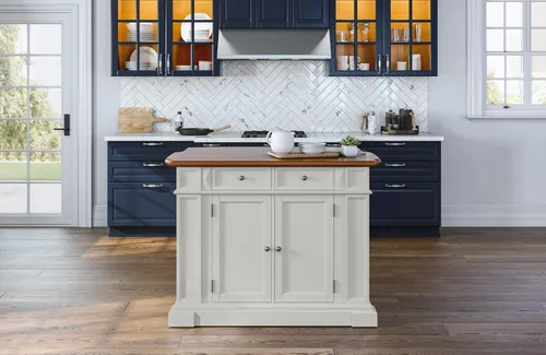 Miniatura 2 de Homestyles Americana - Isla de cocina con parte superior de madera y hoja desplegable, barra de desayuno, almacenamiento con cajones y estantes