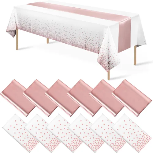 Miniatura 17 de 8 paquetes de manteles de plástico desechables y juego de camino de mesa de satén negro con dorado, mantel de satén dorado para graduación, boda