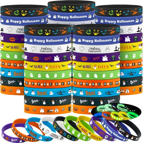 Miniatura 8 de Hiboom 100 Pcs Halloween Rubber Bracelets Bulk Halloween Party Favor Trick or Treat Goodie Bag Stuffer Filler Rubber Silicone Wristband Gift for