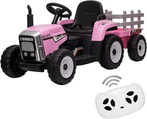 Tractor eléctrico de 12V para niños con batería, con remolque, vehículo de paseo para niños con control remoto/ 7 faros LED/ cambios de marcha 2+1/